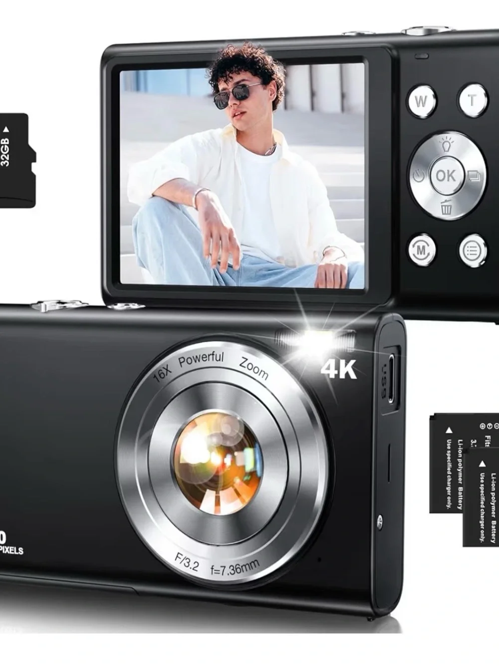 4K Black Digital Camera with Flip LCD - Compact Photo & Video Camera